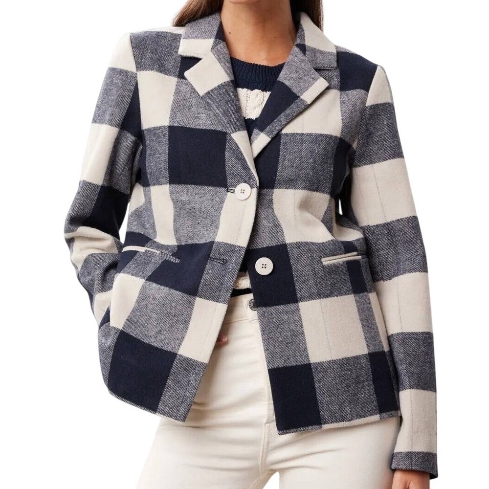 Splendid Women Navy Blue Cream Buffalo Plaid Wool Blend Blazer Jacket Large